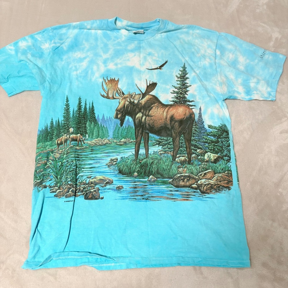 Cal Cru Vintage 90s Habitat Moose Graphic T-Shirt Adult Blue Large Tie Dye USA